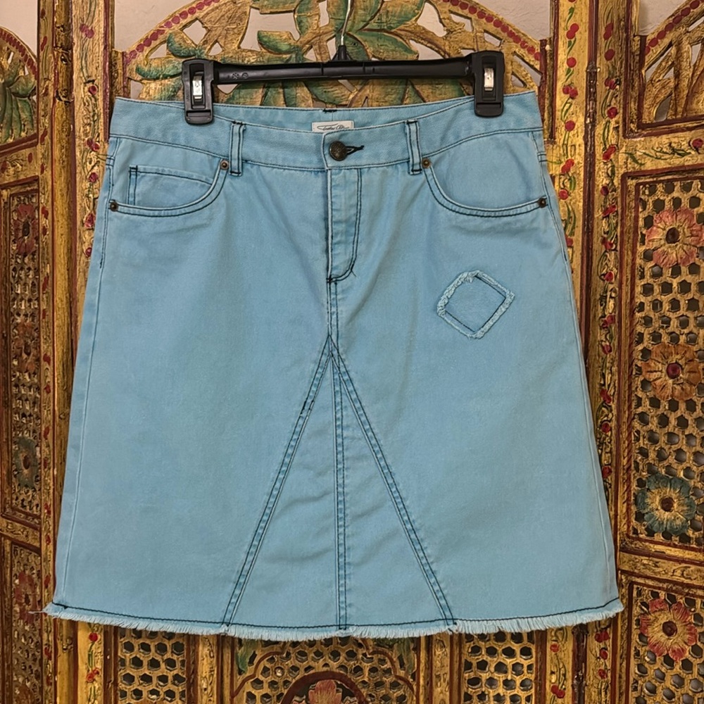 Tasha Polizzi Turquoise Denim Fringe Skirt - Size 8